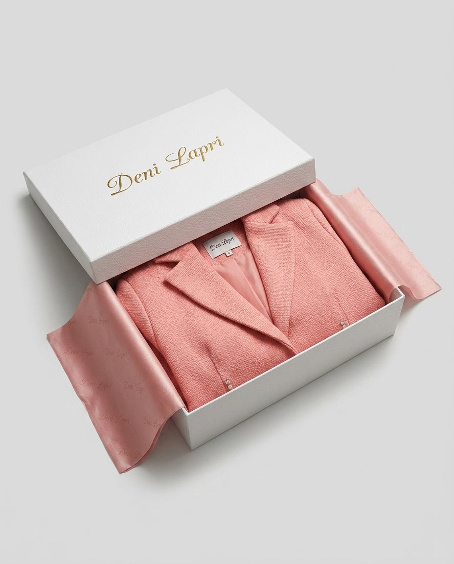 Crystal-embellished tweed skirt suit — Branded Luxury Packaging | Generated by Modelize