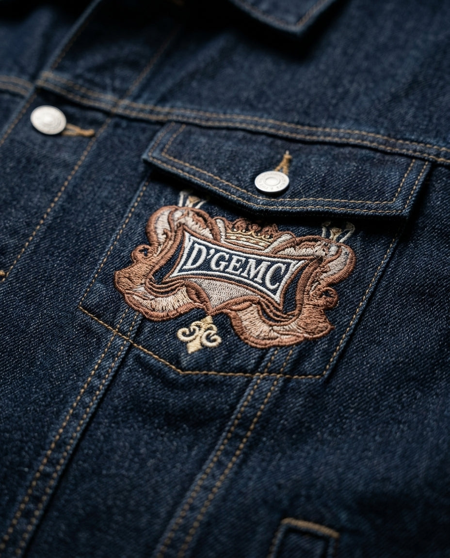 2-piece denim jacket and pants set — Logo Detail Macro | Generated by Modelize