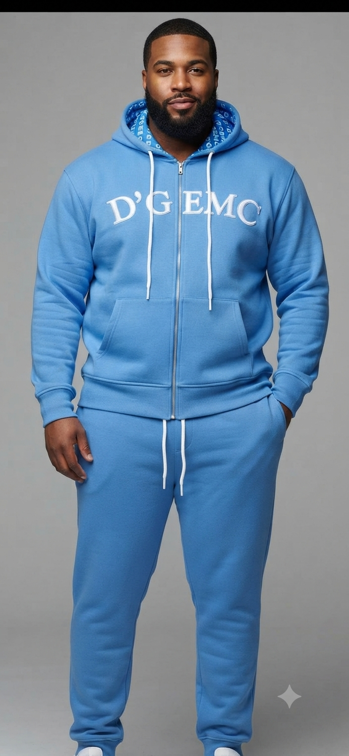 D'GEMC zip-up jogger set in stylish fashion, featuring a matching hoodie and joggers in comfortable fabric.