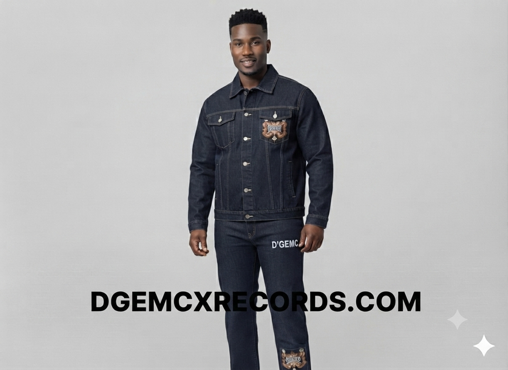 D'GEMC men's two-piece jean set featuring a denim jacket and matching jeans, casual fashion look for men.