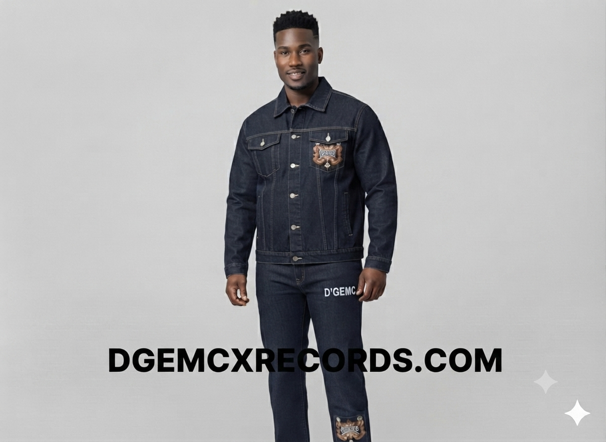 D'GEMC men's two-piece jean set featuring a denim jacket and matching jeans, casual fashion look for men.