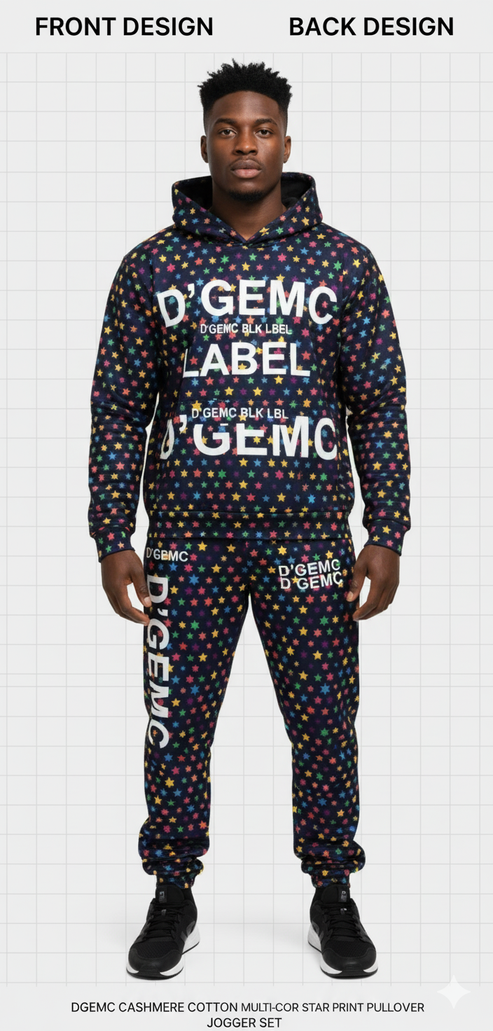 D'GEMC All-Star pullover set in stylish fashion, featuring a comfortable hoodie and matching pants with bold design details.
