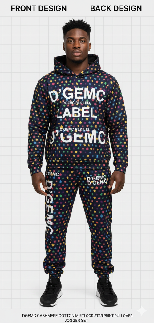 D'GEMC All-Star pullover set in stylish fashion, featuring a comfortable hoodie and matching pants with bold design details.